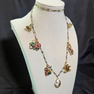 Vintage Christmas Charm Necklace 25" Enamel Holiday Charms‎ Gingerbread Train &